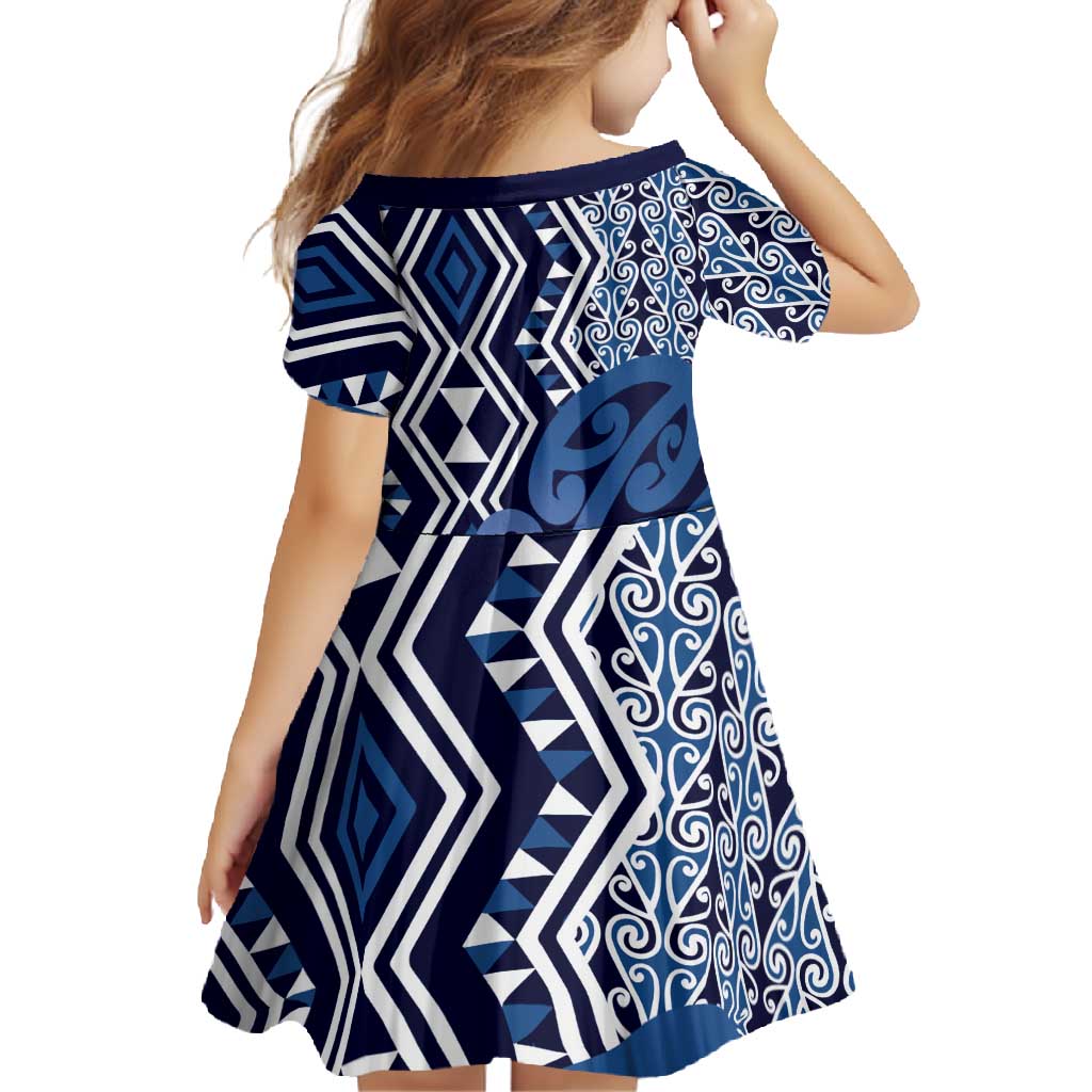 New Zealand Family Matching Summer Maxi Dress and Hawaiian Shirt Aotearoa Kowhaiwhai Mix Taniko Art - Blue LT14 - Polynesian Pride