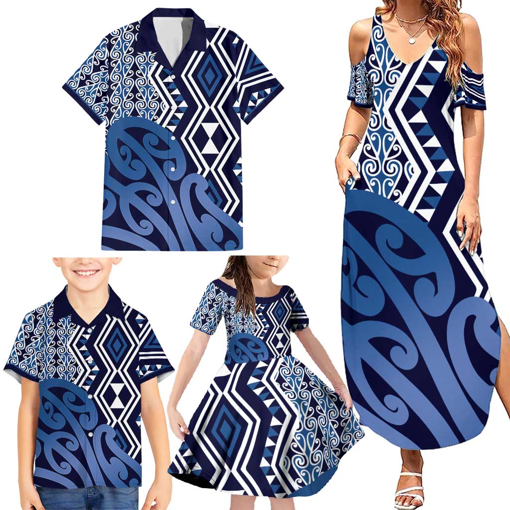 New Zealand Family Matching Summer Maxi Dress and Hawaiian Shirt Aotearoa Kowhaiwhai Mix Taniko Art - Blue LT14 - Polynesian Pride