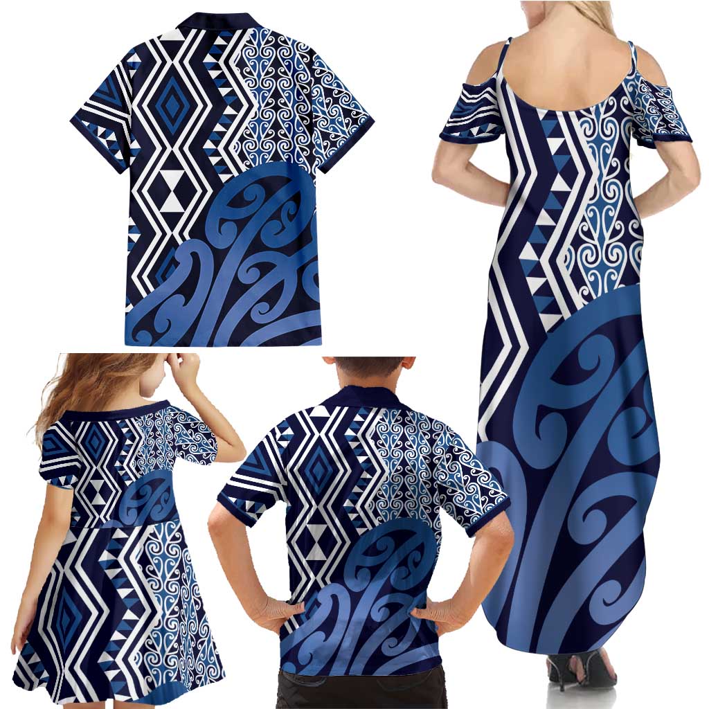 New Zealand Family Matching Summer Maxi Dress and Hawaiian Shirt Aotearoa Kowhaiwhai Mix Taniko Art - Blue LT14 - Polynesian Pride