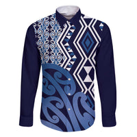 New Zealand Family Matching Summer Maxi Dress and Hawaiian Shirt Aotearoa Kowhaiwhai Mix Taniko Art - Blue LT14 Dad's Shirt - Long Sleeve Blue - Polynesian Pride