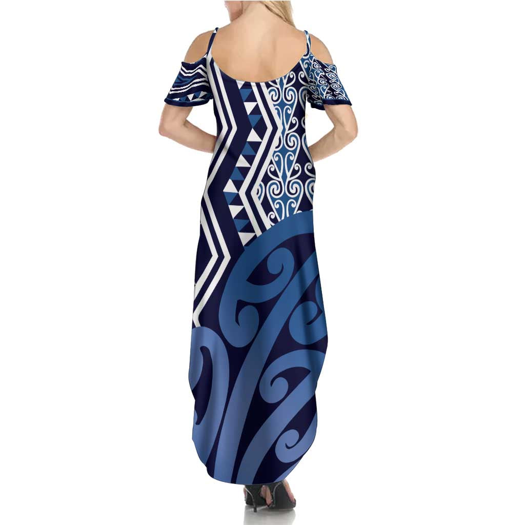 New Zealand Family Matching Summer Maxi Dress and Hawaiian Shirt Aotearoa Kowhaiwhai Mix Taniko Art - Blue LT14 - Polynesian Pride