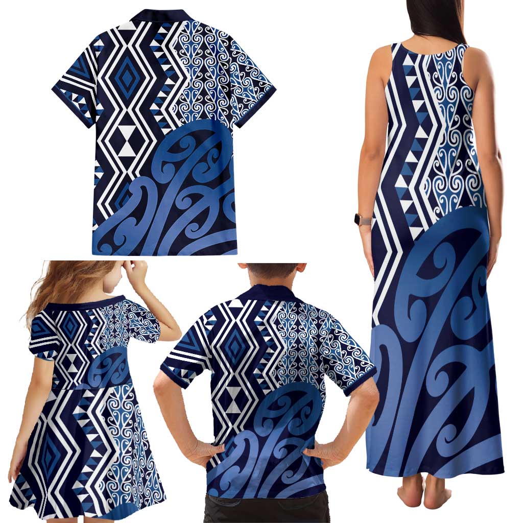 New Zealand Family Matching Tank Maxi Dress and Hawaiian Shirt Aotearoa Kowhaiwhai Mix Taniko Art - Blue LT14 - Polynesian Pride