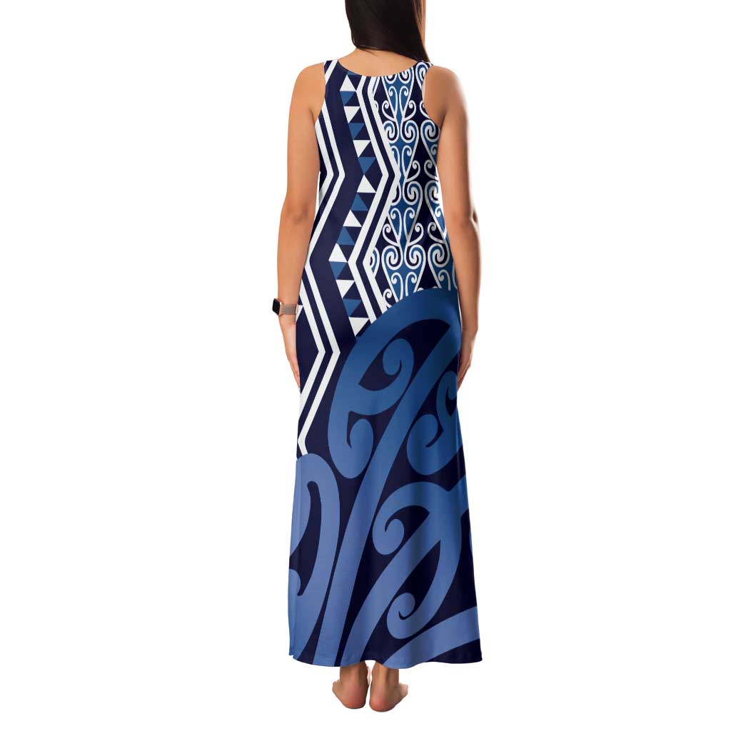 New Zealand Family Matching Tank Maxi Dress and Hawaiian Shirt Aotearoa Kowhaiwhai Mix Taniko Art - Blue LT14 - Polynesian Pride
