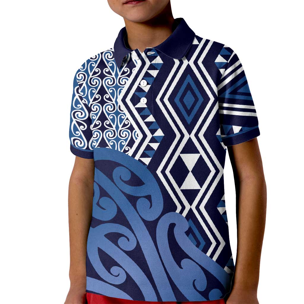 New Zealand Kid Polo Shirt Aotearoa Kowhaiwhai Mix Taniko Art - Blue