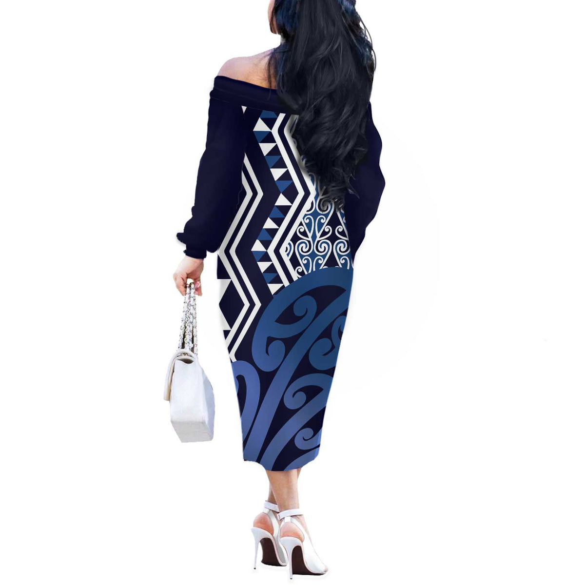 New Zealand Off The Shoulder Long Sleeve Dress Aotearoa Kowhaiwhai Mix Taniko Art - Blue LT14 - Polynesian Pride