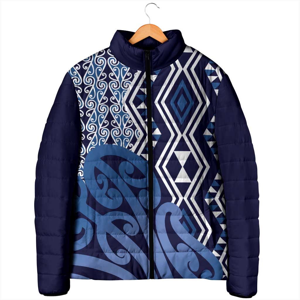 New Zealand Padded Jacket Aotearoa Kowhaiwhai Mix Taniko Art - Blue - Polynesian Pride