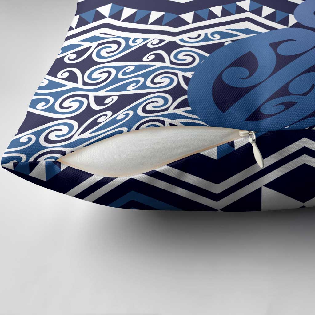 New Zealand Pillow Cover Aotearoa Kowhaiwhai Mix Taniko Art - Blue - Polynesian Pride