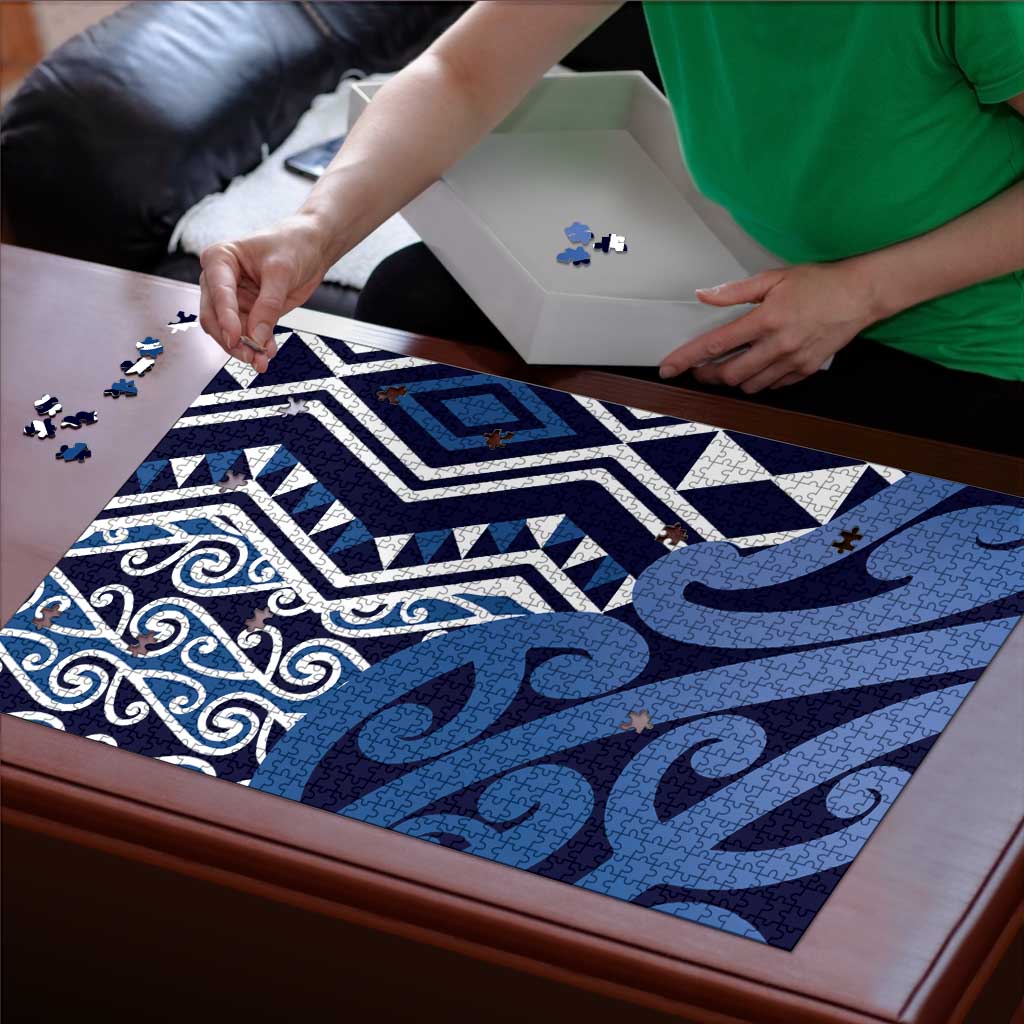 New Zealand Puzzle Aotearoa Kowhaiwhai Mix Taniko Art - Blue - Polynesian Pride