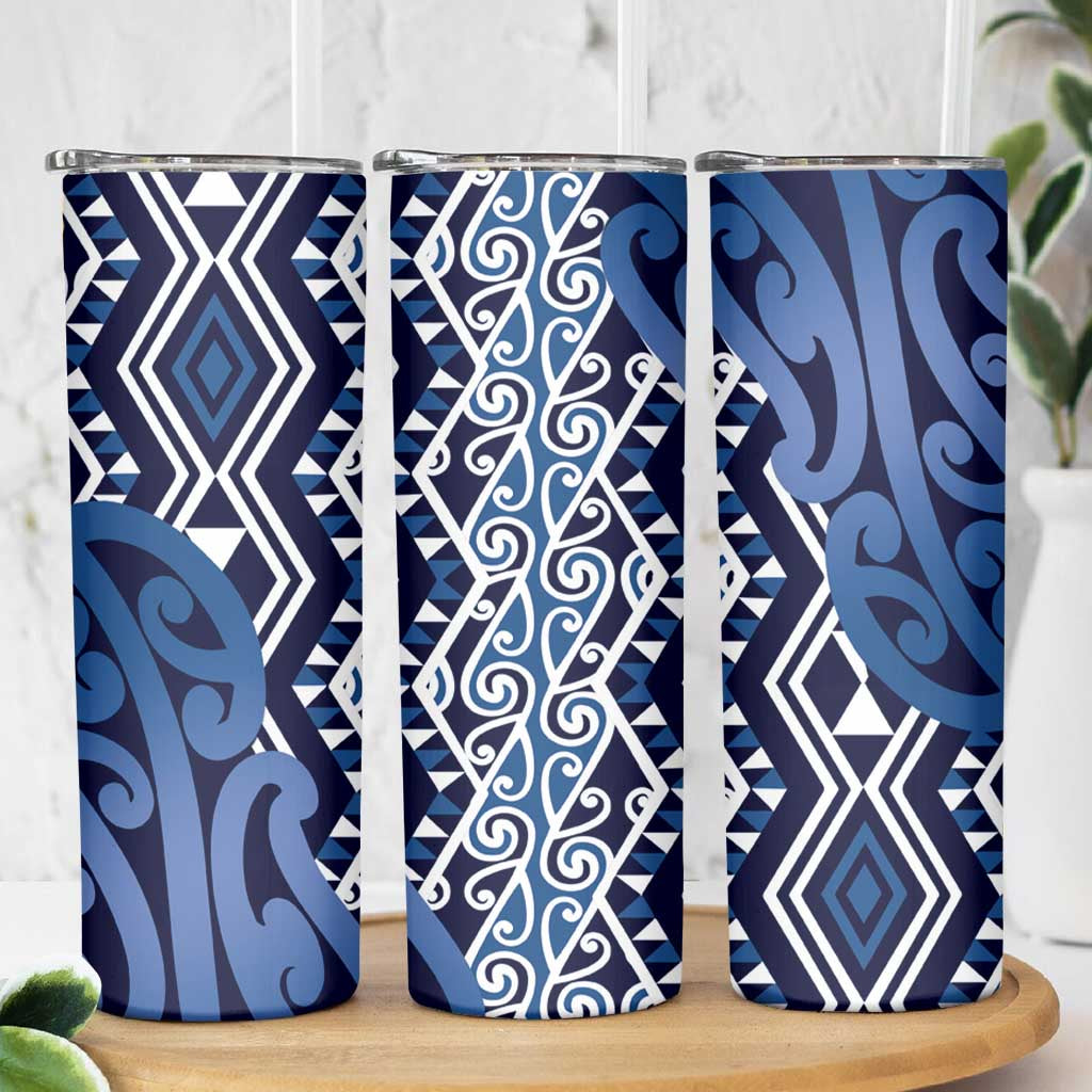 New Zealand Skinny Tumbler Aotearoa Kowhaiwhai Mix Taniko Art - Blue LT14 - Polynesian Pride