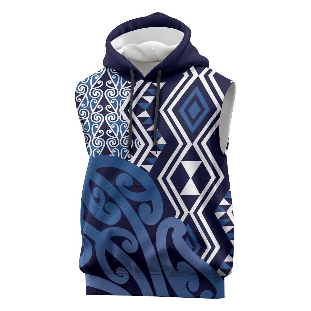 New Zealand Sleeveless Hoodie Aotearoa Kowhaiwhai Mix Taniko Art - Blue - Polynesian Pride