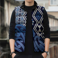 New Zealand Sleeveless Puffer Jacket Aotearoa Kowhaiwhai Mix Taniko Art - Blue - Polynesian Pride