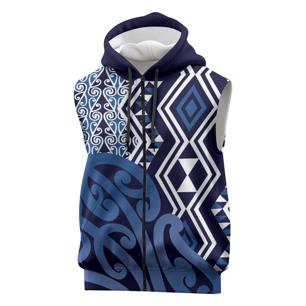New Zealand Sleeveless Zip Hoodie Aotearoa Kowhaiwhai Mix Taniko Art - Blue - Polynesian Pride