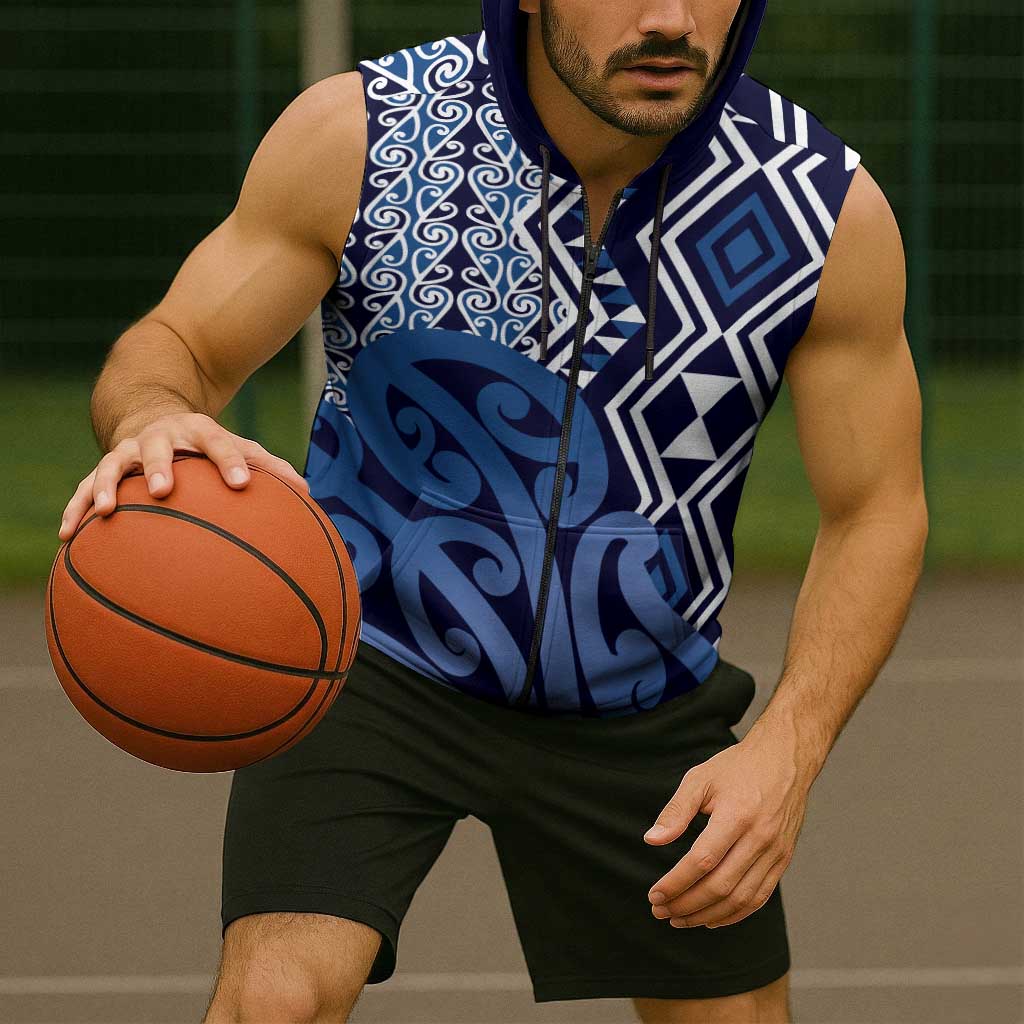 New Zealand Sleeveless Zip Hoodie Aotearoa Kowhaiwhai Mix Taniko Art - Blue - Polynesian Pride