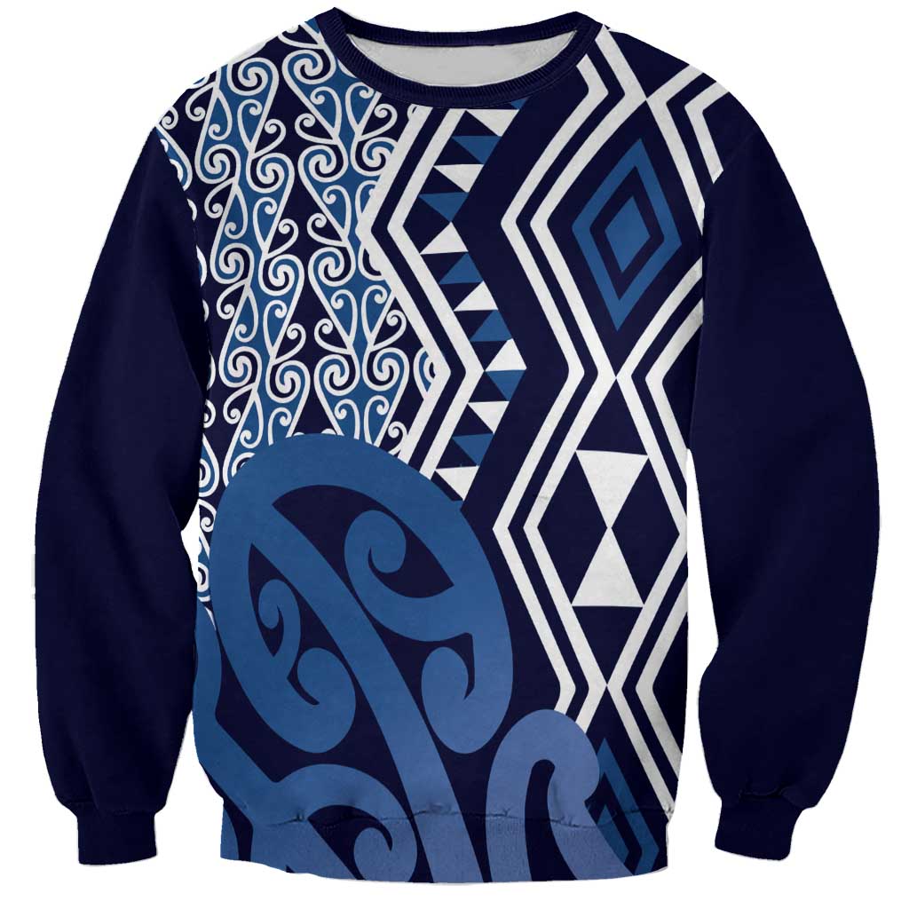 New Zealand Sweatshirt Aotearoa Kowhaiwhai Mix Taniko Art - Blue LT14 Unisex Blue - Polynesian Pride