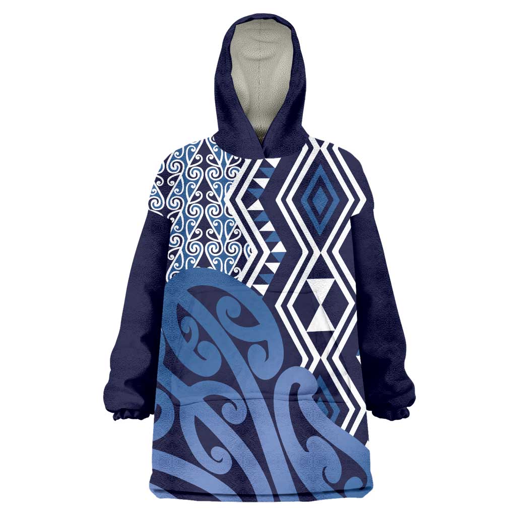 New Zealand Wearable Blanket Hoodie Aotearoa Kowhaiwhai Mix Taniko Art - Blue LT14 One Size Blue - Polynesian Pride