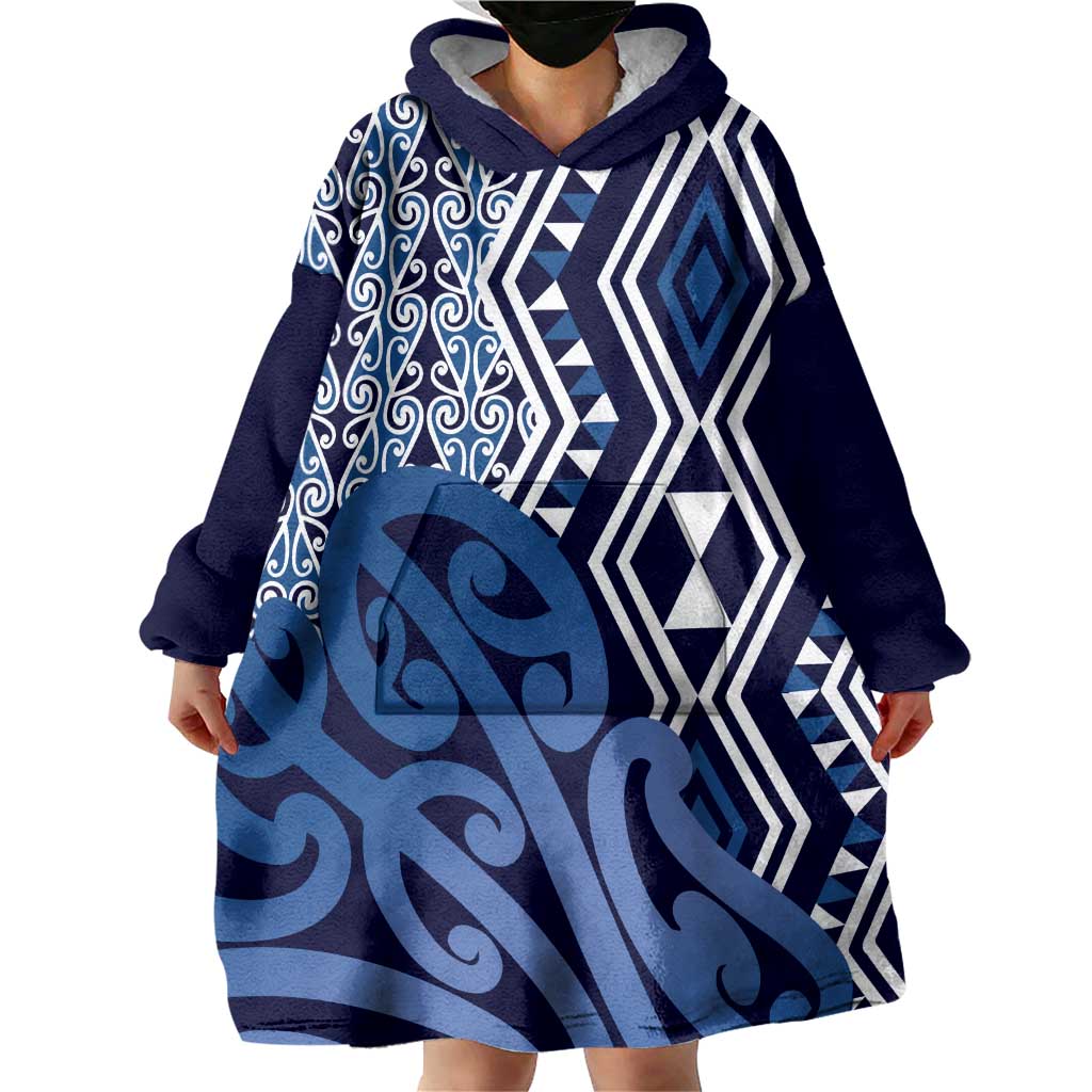 New Zealand Wearable Blanket Hoodie Aotearoa Kowhaiwhai Mix Taniko Art - Blue LT14 - Polynesian Pride
