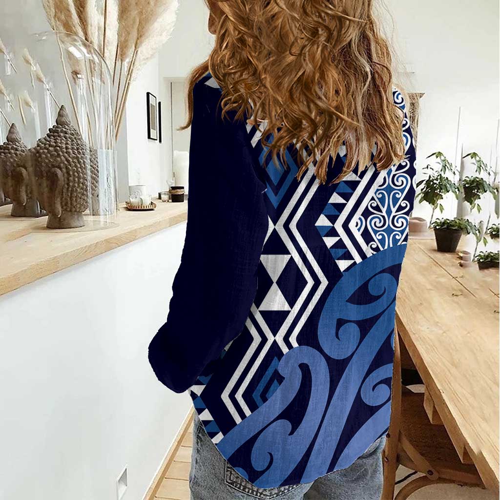 New Zealand Women Casual Shirt Aotearoa Kowhaiwhai Mix Taniko Art - Blue LT14 - Polynesian Pride