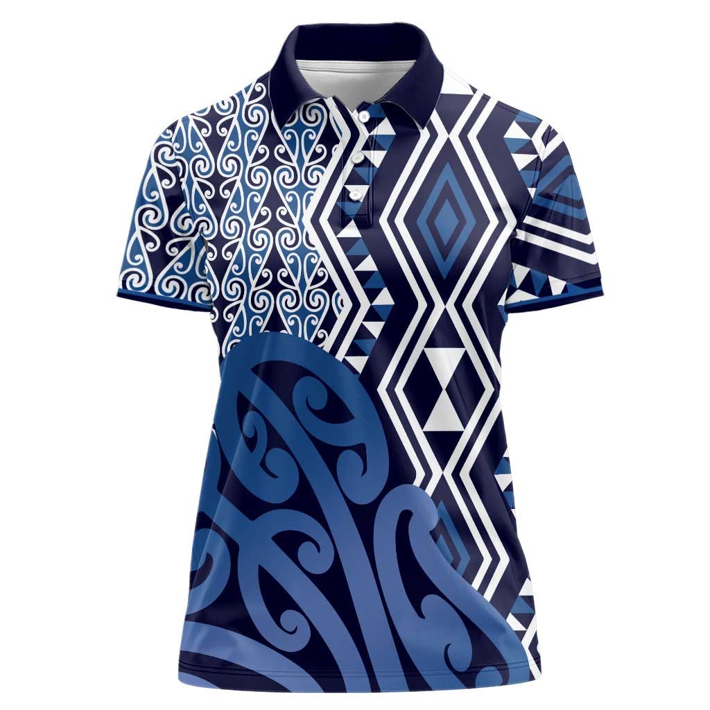 New Zealand Women Polo Shirt Aotearoa Kowhaiwhai Mix Taniko Art - Blue LT14 Female Blue - Polynesian Pride