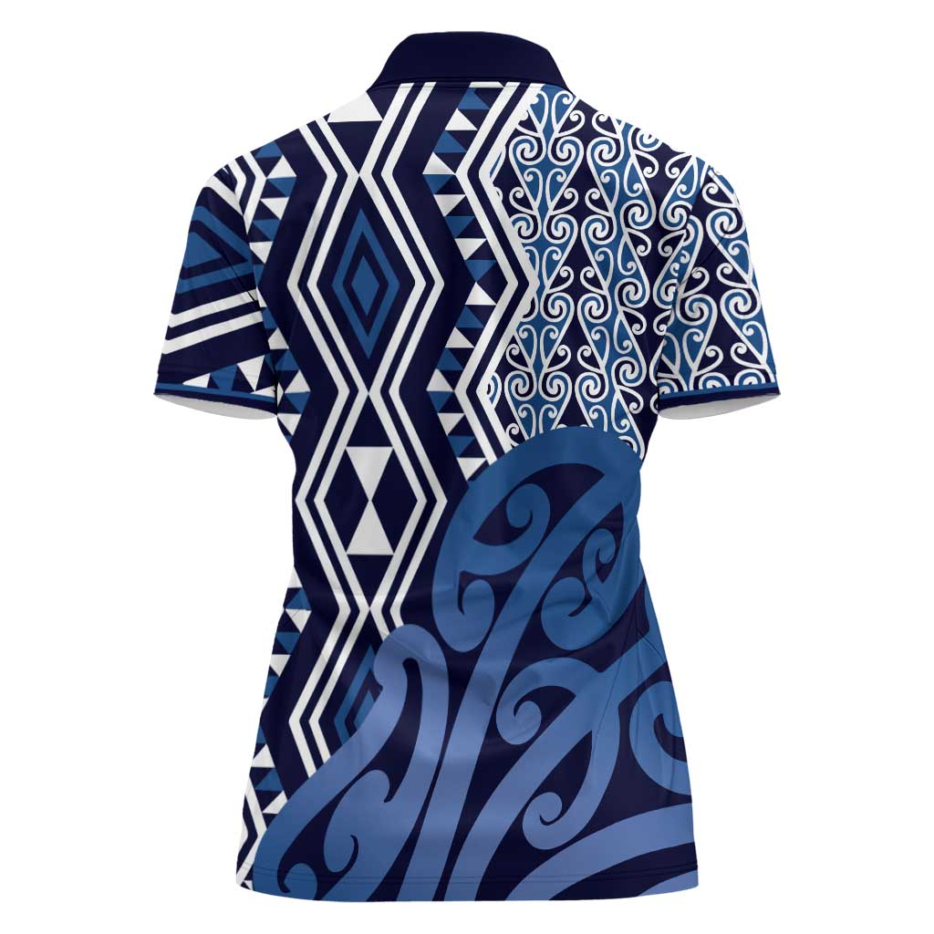 New Zealand Women Polo Shirt Aotearoa Kowhaiwhai Mix Taniko Art - Blue LT14 - Polynesian Pride