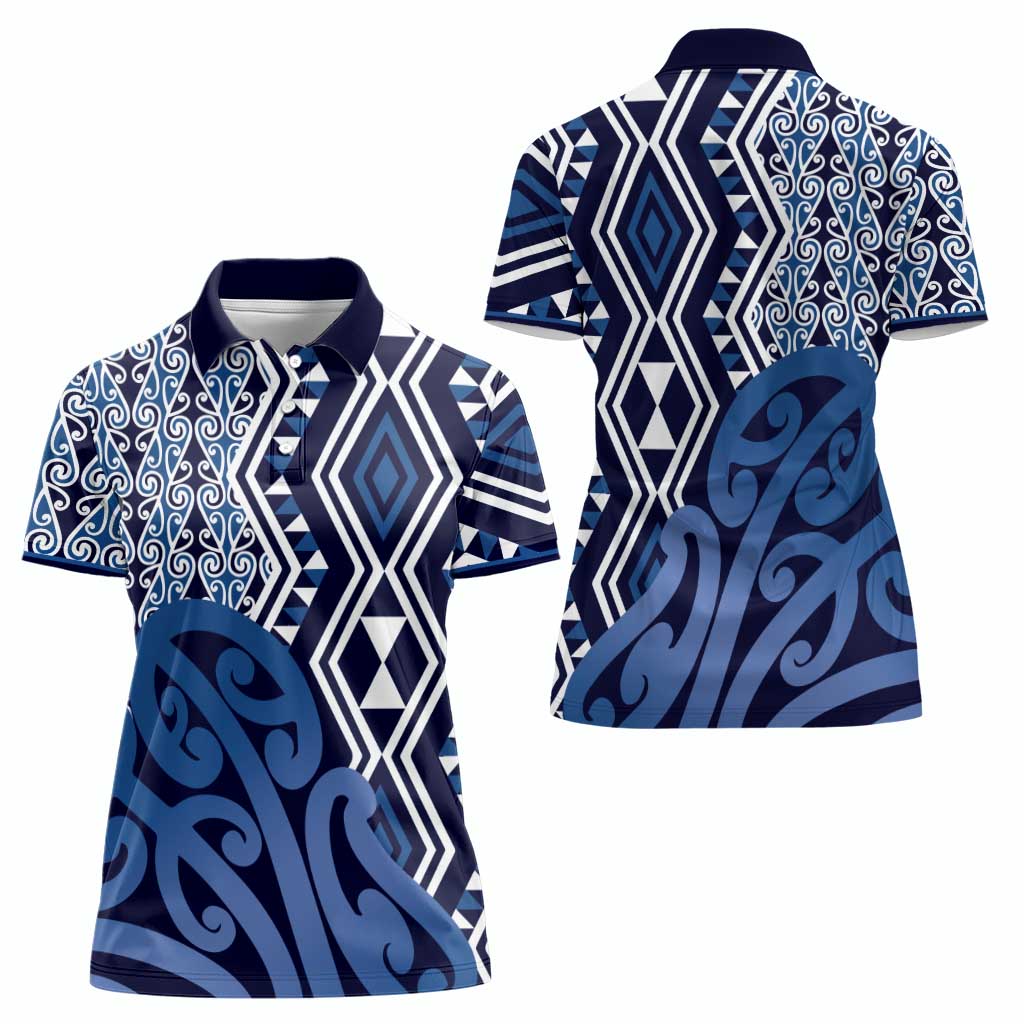 New Zealand Women Polo Shirt Aotearoa Kowhaiwhai Mix Taniko Art - Blue LT14 - Polynesian Pride