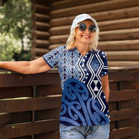 New Zealand Women Polo Shirt Aotearoa Kowhaiwhai Mix Taniko Art - Blue LT14 - Polynesian Pride