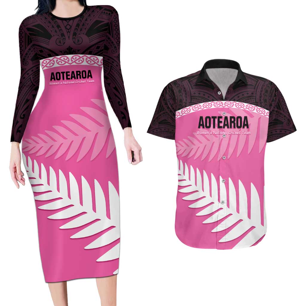 Custom New Zealand Aotearoa Cricket Couples Matching Long Sleeve Bodycon Dress and Hawaiian Shirt Go White Silver Fern LT14 Pink - Polynesian Pride