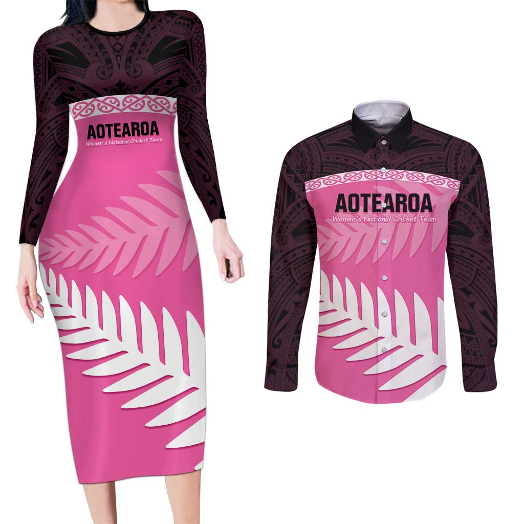 Custom New Zealand Aotearoa Cricket Couples Matching Long Sleeve Bodycon Dress and Long Sleeve Button Shirt Go White Silver Fern LT14 Pink - Polynesian Pride