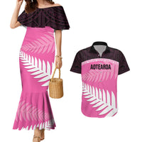Custom New Zealand Aotearoa Cricket Couples Matching Mermaid Dress and Hawaiian Shirt Go White Silver Fern LT14 Pink - Polynesian Pride