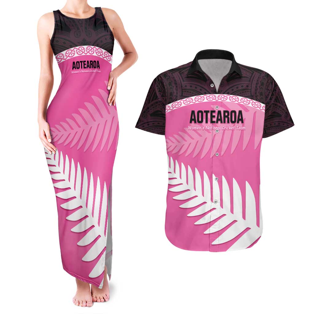 Custom New Zealand Aotearoa Cricket Couples Matching Tank Maxi Dress and Hawaiian Shirt Go White Silver Fern LT14 Pink - Polynesian Pride