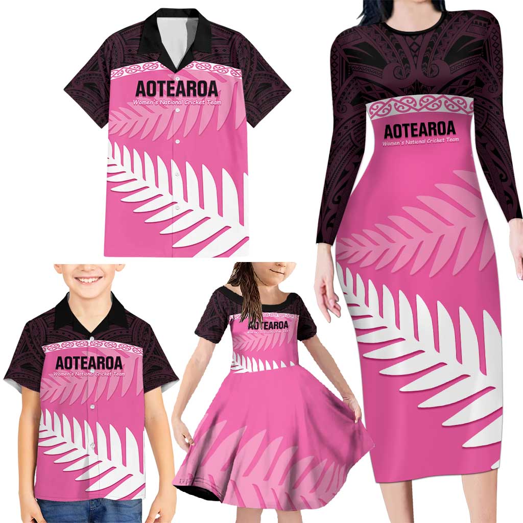 Custom New Zealand Aotearoa Cricket Family Matching Long Sleeve Bodycon Dress and Hawaiian Shirt Go White Silver Fern LT14 - Polynesian Pride