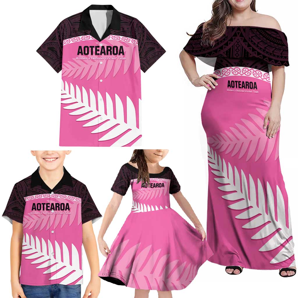 Custom New Zealand Aotearoa Cricket Family Matching Off Shoulder Maxi Dress and Hawaiian Shirt Go White Silver Fern LT14 - Polynesian Pride