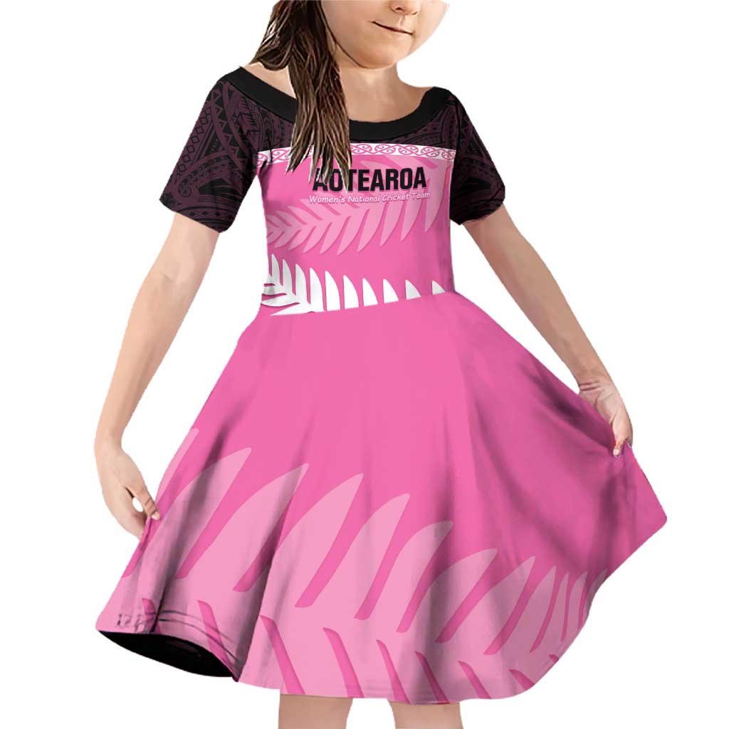 Custom New Zealand Aotearoa Cricket Family Matching Off Shoulder Short Dress and Hawaiian Shirt Go White Silver Fern LT14 Daughter's Dress Pink - Polynesian Pride