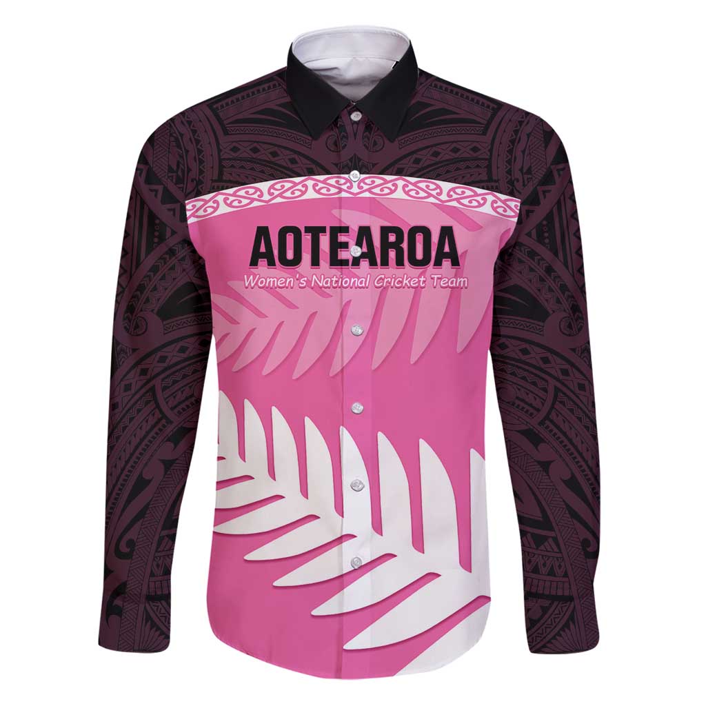 Custom New Zealand Aotearoa Cricket Family Matching Puletasi and Hawaiian Shirt Go White Silver Fern LT14 Dad's Shirt - Long Sleeve Pink - Polynesian Pride
