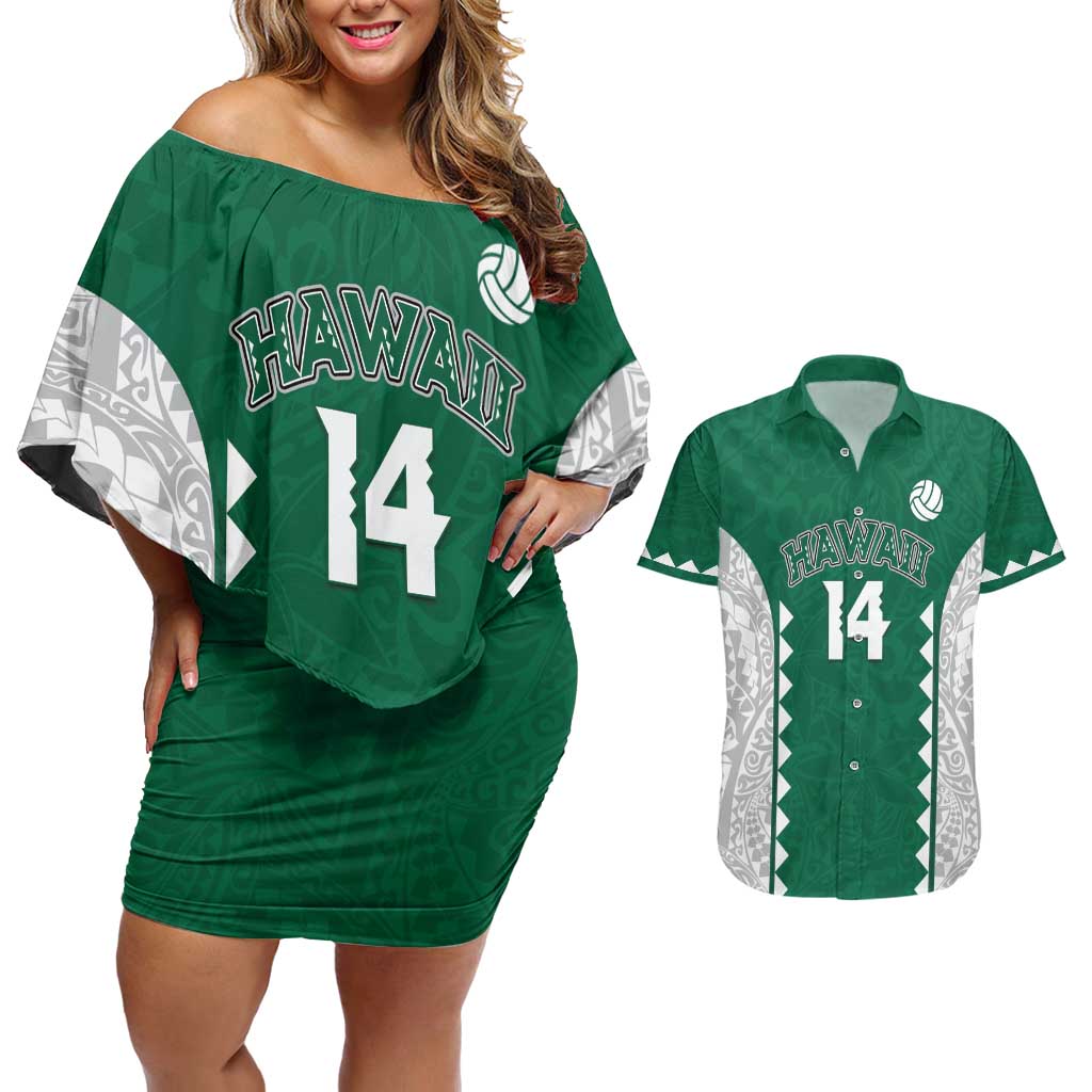 Custom Hawaii Volleyball Couples Matching Off Shoulder Short Dress and Hawaiian Shirt Hawaiian Kakau Pattern