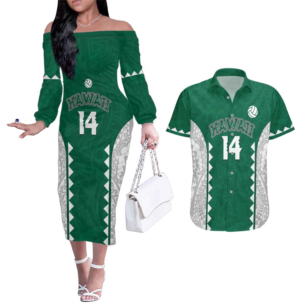 Custom Hawaii Volleyball Couples Matching Off The Shoulder Long Sleeve Dress and Hawaiian Shirt Hawaiian Kakau Pattern