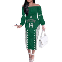 Custom Hawaii Volleyball Family Matching Off The Shoulder Long Sleeve Dress and Hawaiian Shirt Hawaiian Kakau Pattern LT14 Mom's Dress Green - Polynesian Pride