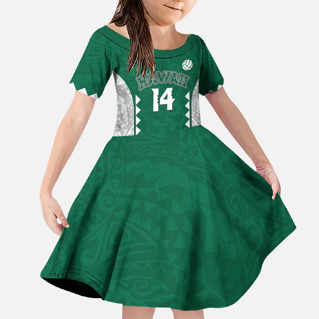 Custom Hawaii Volleyball Family Matching Short Sleeve Bodycon Dress and Hawaiian Shirt Hawaiian Kakau Pattern LT14 Daughter's Dress Green - Polynesian Pride