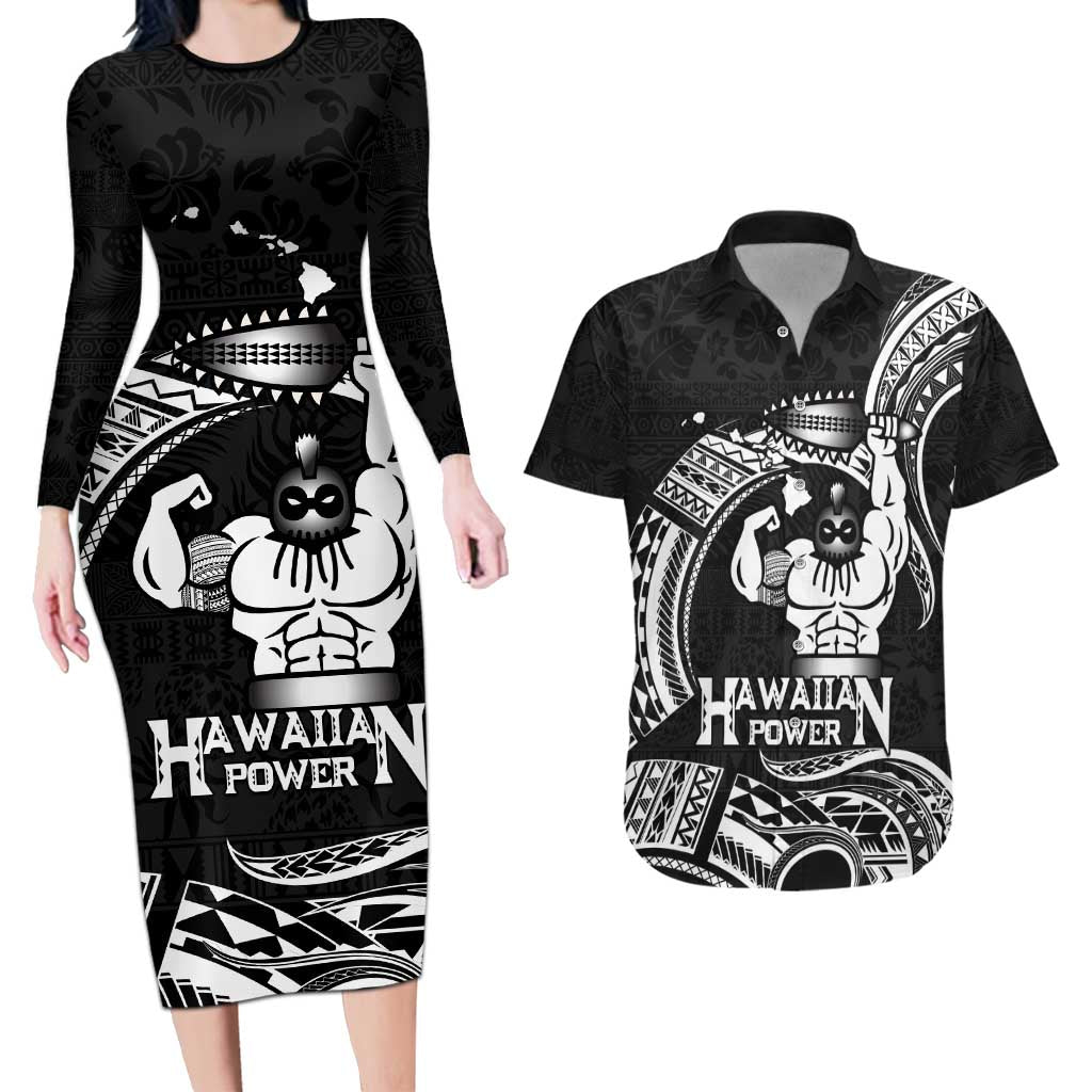 Black Hawaii Ikaika Warrior Couples Matching Long Sleeve Bodycon Dress and Hawaiian Shirt Hawaiian Power LT14 Black - Polynesian Pride