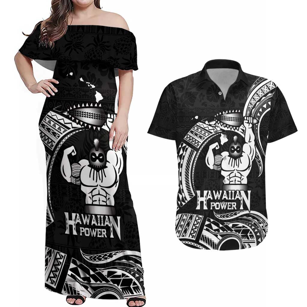 Black Hawaii Ikaika Warrior Couples Matching Off Shoulder Maxi Dress and Hawaiian Shirt Hawaiian Power LT14 Black - Polynesian Pride