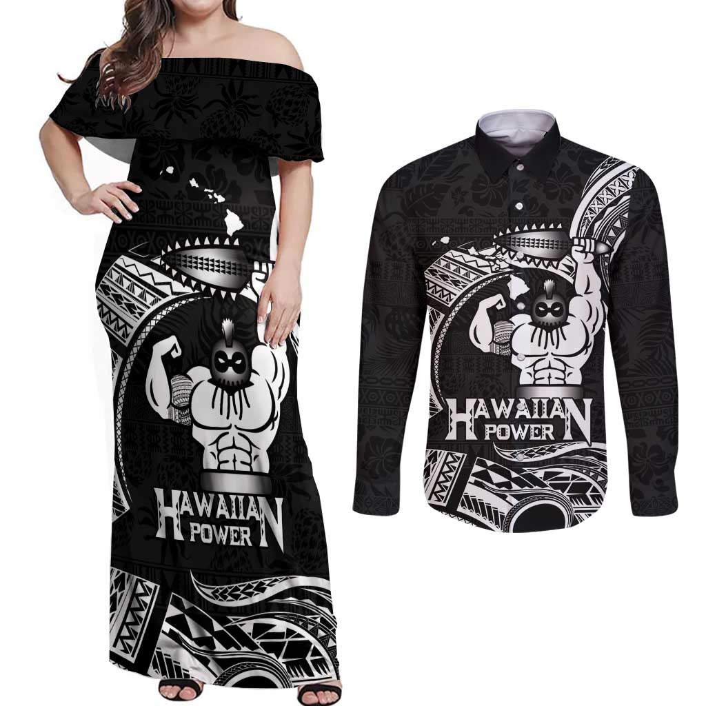 Black Hawaii Ikaika Warrior Couples Matching Off Shoulder Maxi Dress and Long Sleeve Button Shirt Hawaiian Power LT14 Black - Polynesian Pride