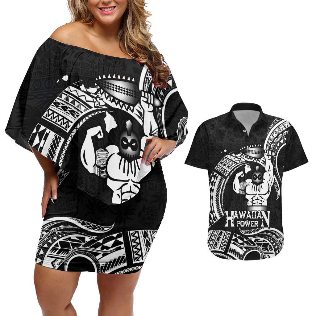 Black Hawaii Ikaika Warrior Couples Matching Off Shoulder Short Dress and Hawaiian Shirt Hawaiian Power LT14 Black - Polynesian Pride