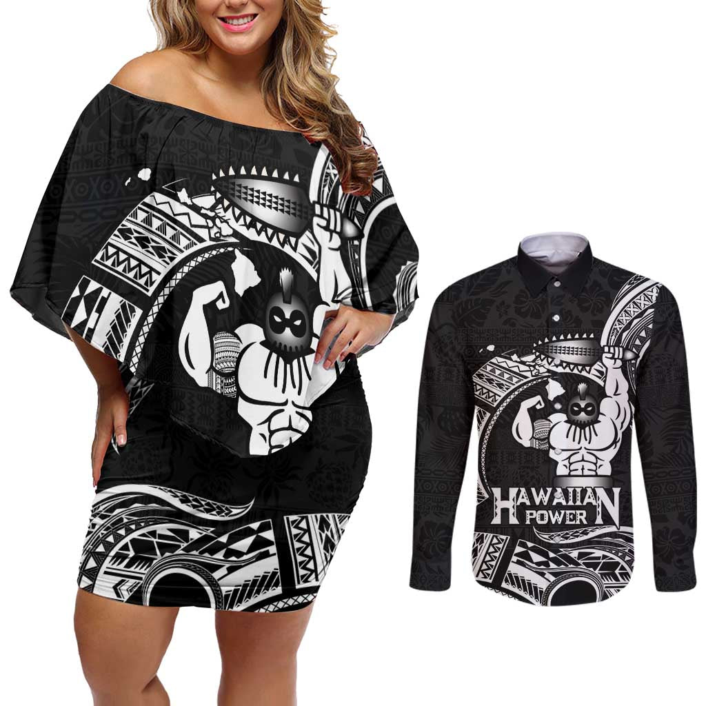 Black Hawaii Ikaika Warrior Couples Matching Off Shoulder Short Dress and Long Sleeve Button Shirt Hawaiian Power LT14 Black - Polynesian Pride