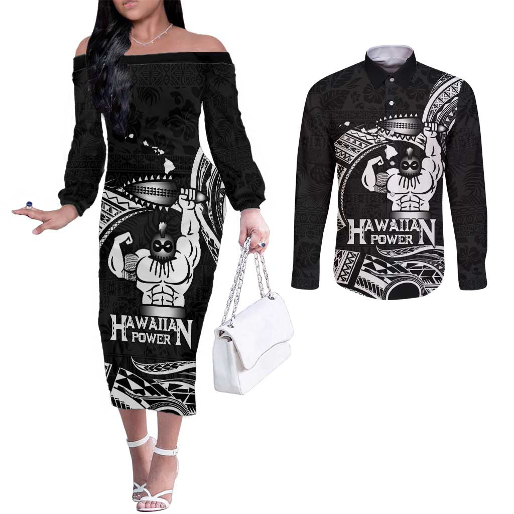 Black Hawaii Ikaika Warrior Couples Matching Off The Shoulder Long Sleeve Dress and Long Sleeve Button Shirt Hawaiian Power LT14 Black - Polynesian Pride