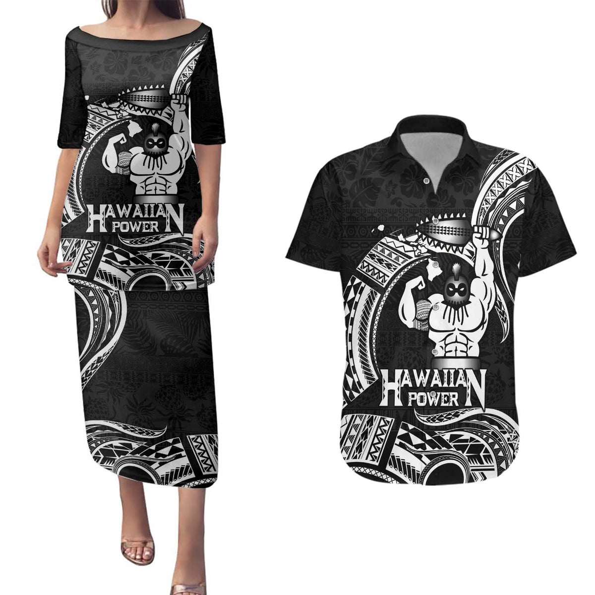 Black Hawaii Ikaika Warrior Couples Matching Puletasi and Hawaiian Shirt Hawaiian Power LT14 Black - Polynesian Pride