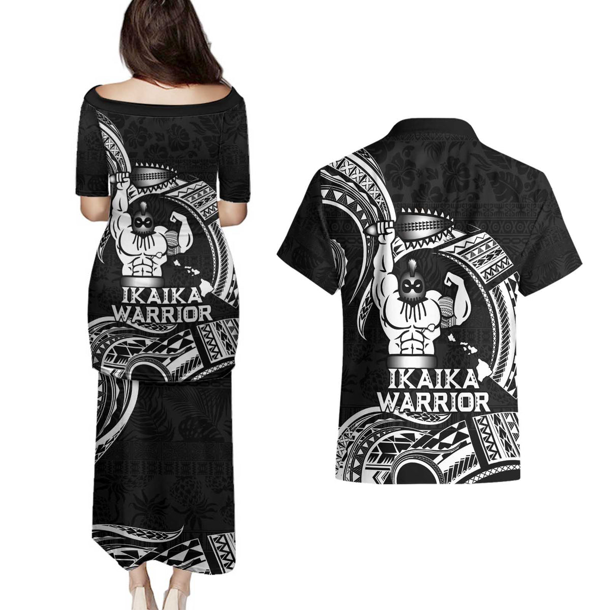 Black Hawaii Ikaika Warrior Couples Matching Puletasi and Hawaiian Shirt Hawaiian Power LT14 - Polynesian Pride