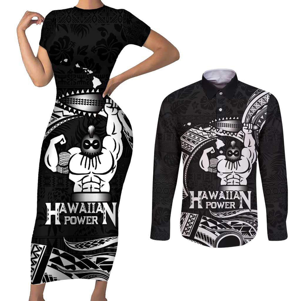 Black Hawaii Ikaika Warrior Couples Matching Short Sleeve Bodycon Dress and Long Sleeve Button Shirt Hawaiian Power LT14 Black - Polynesian Pride