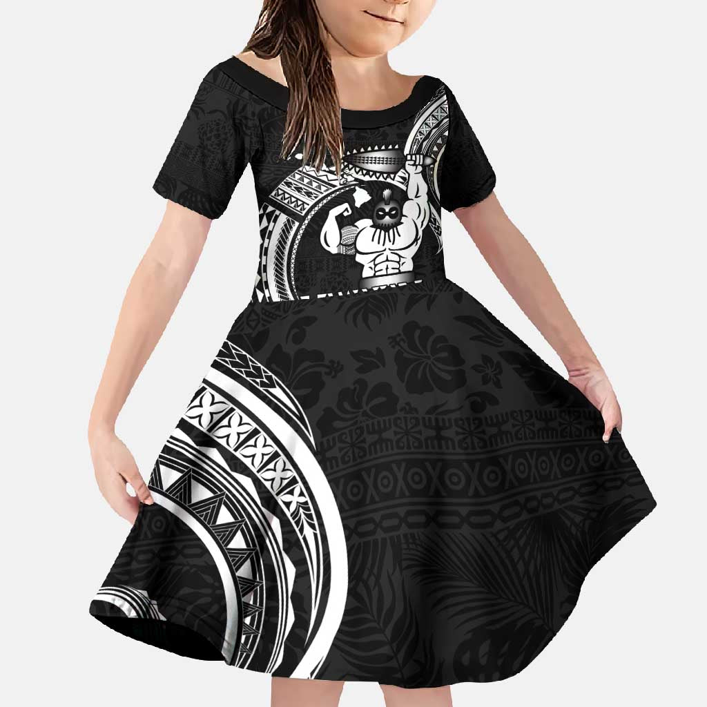Black Hawaii Ikaika Warrior Family Matching Long Sleeve Bodycon Dress and Hawaiian Shirt Hawaiian Power LT14 Daughter's Dress Black - Polynesian Pride