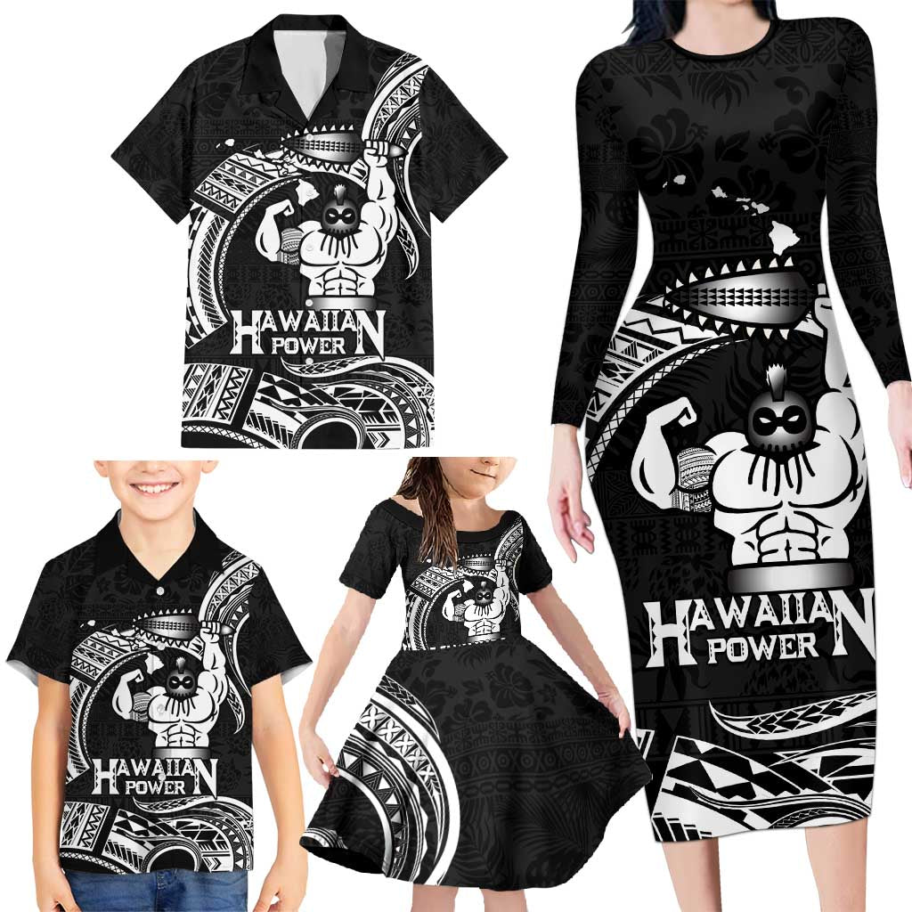 Black Hawaii Ikaika Warrior Family Matching Long Sleeve Bodycon Dress and Hawaiian Shirt Hawaiian Power LT14 - Polynesian Pride
