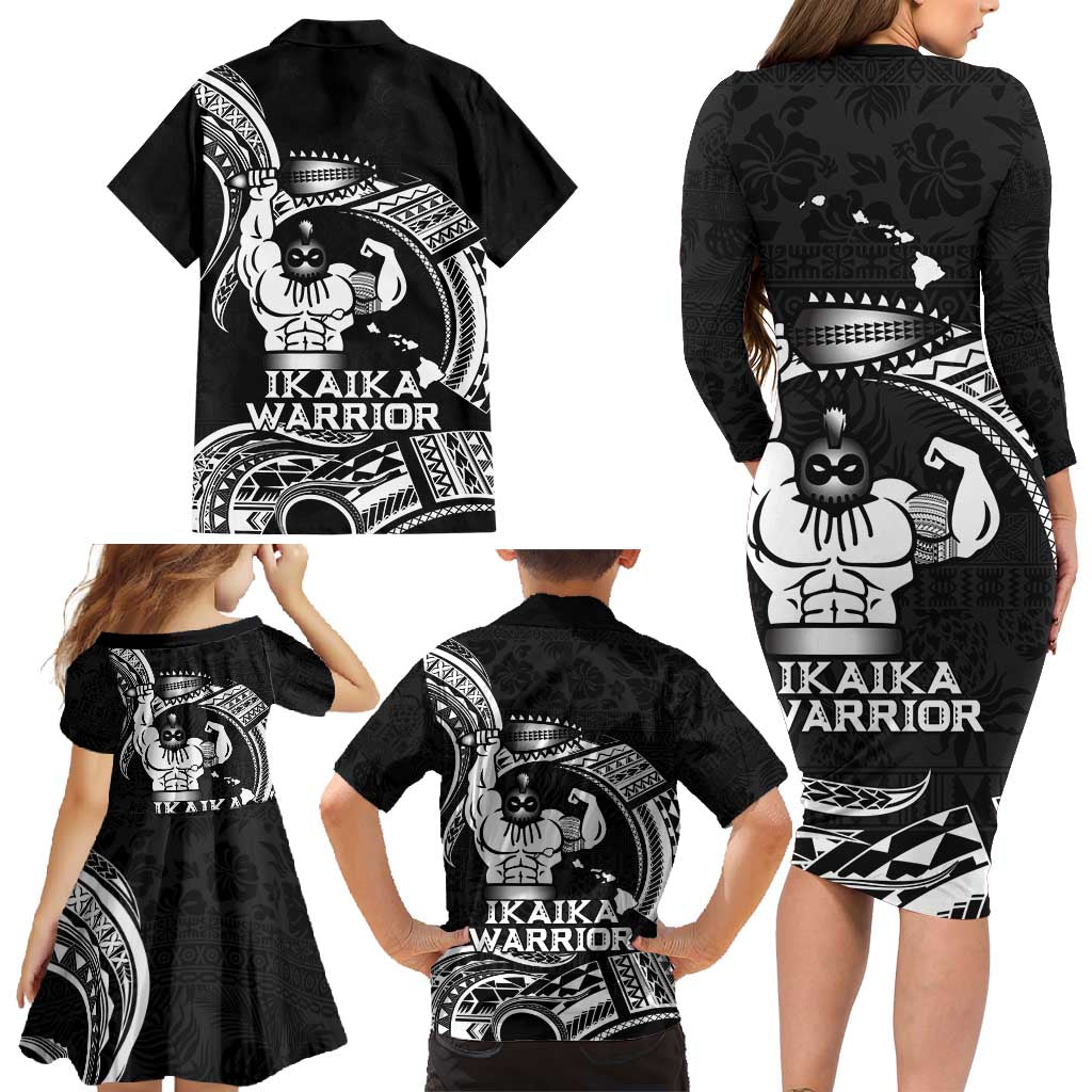 Black Hawaii Ikaika Warrior Family Matching Long Sleeve Bodycon Dress and Hawaiian Shirt Hawaiian Power LT14 - Polynesian Pride