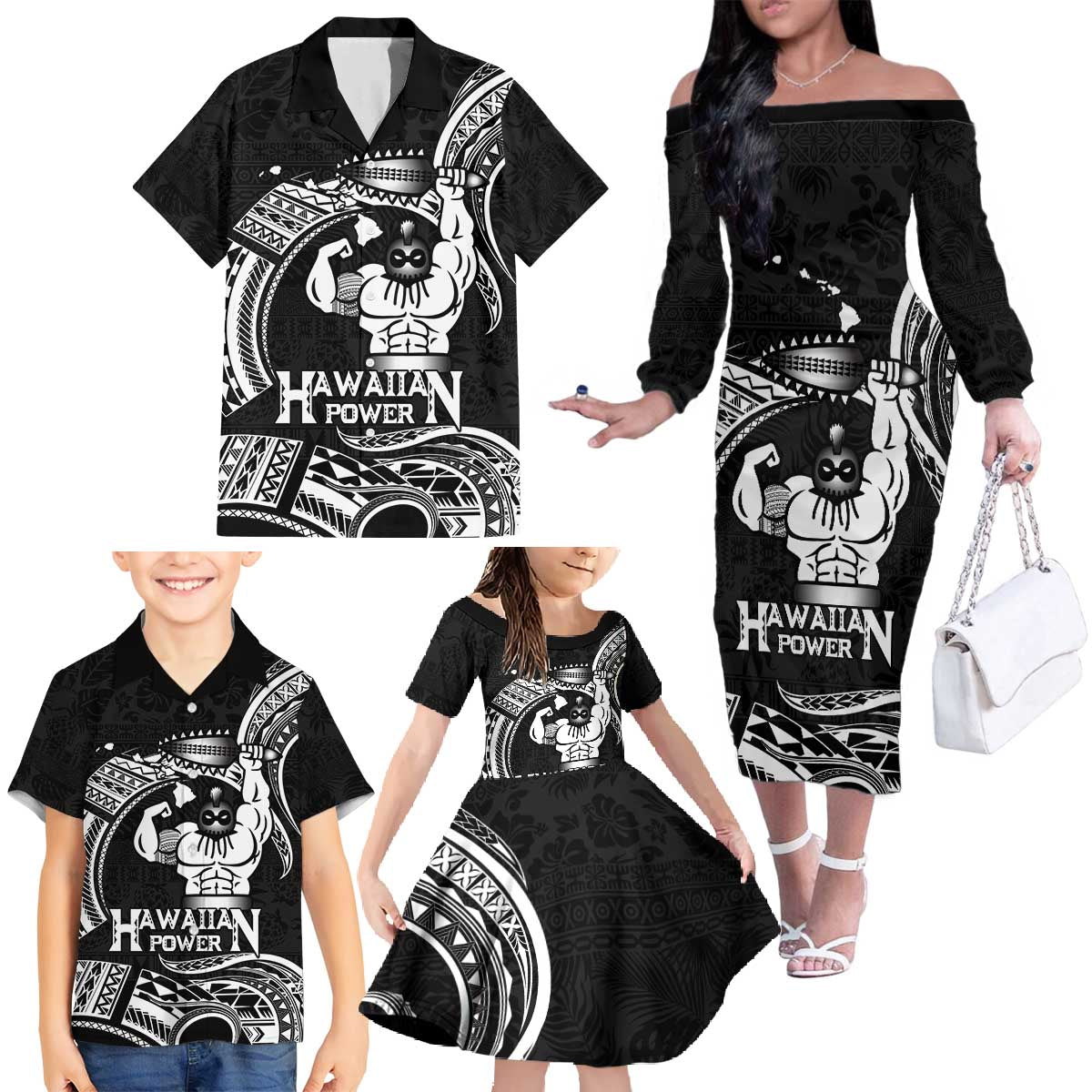 Black Hawaii Ikaika Warrior Family Matching Off The Shoulder Long Sleeve Dress and Hawaiian Shirt Hawaiian Power LT14 - Polynesian Pride